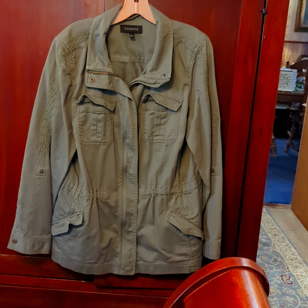 Talbots Cotton Embroidered Safari Jacket. Hidden zipper, drawstring waist, tabs